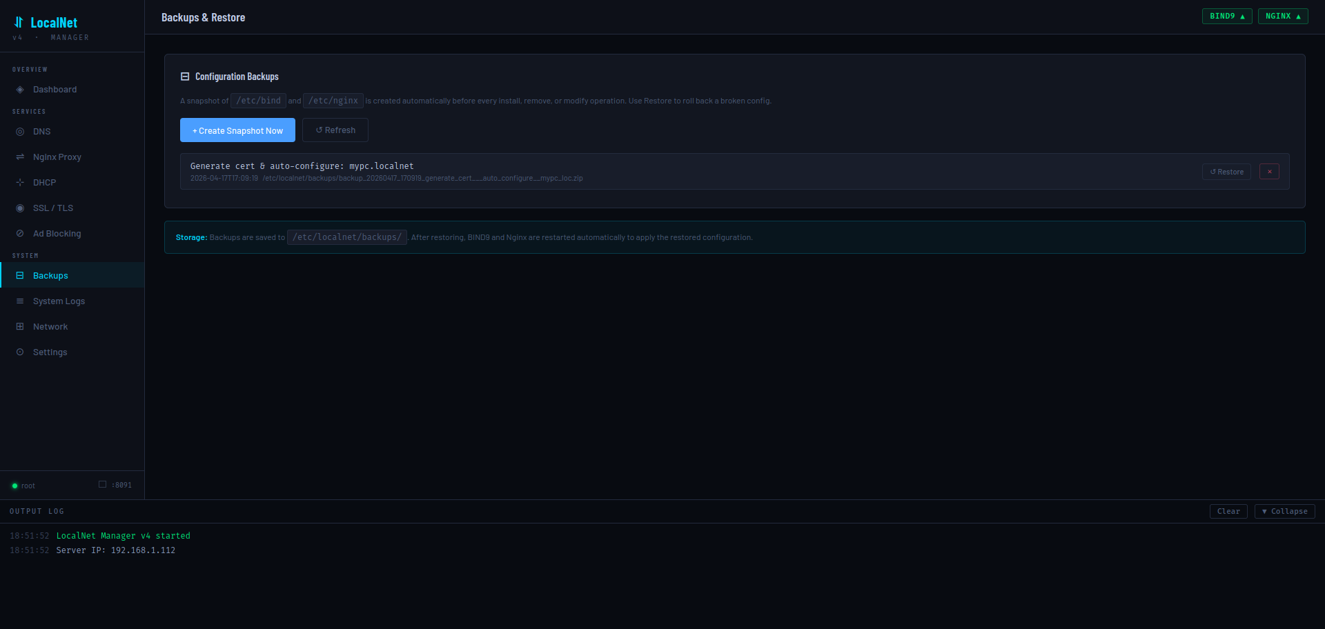 Backups and Restore page