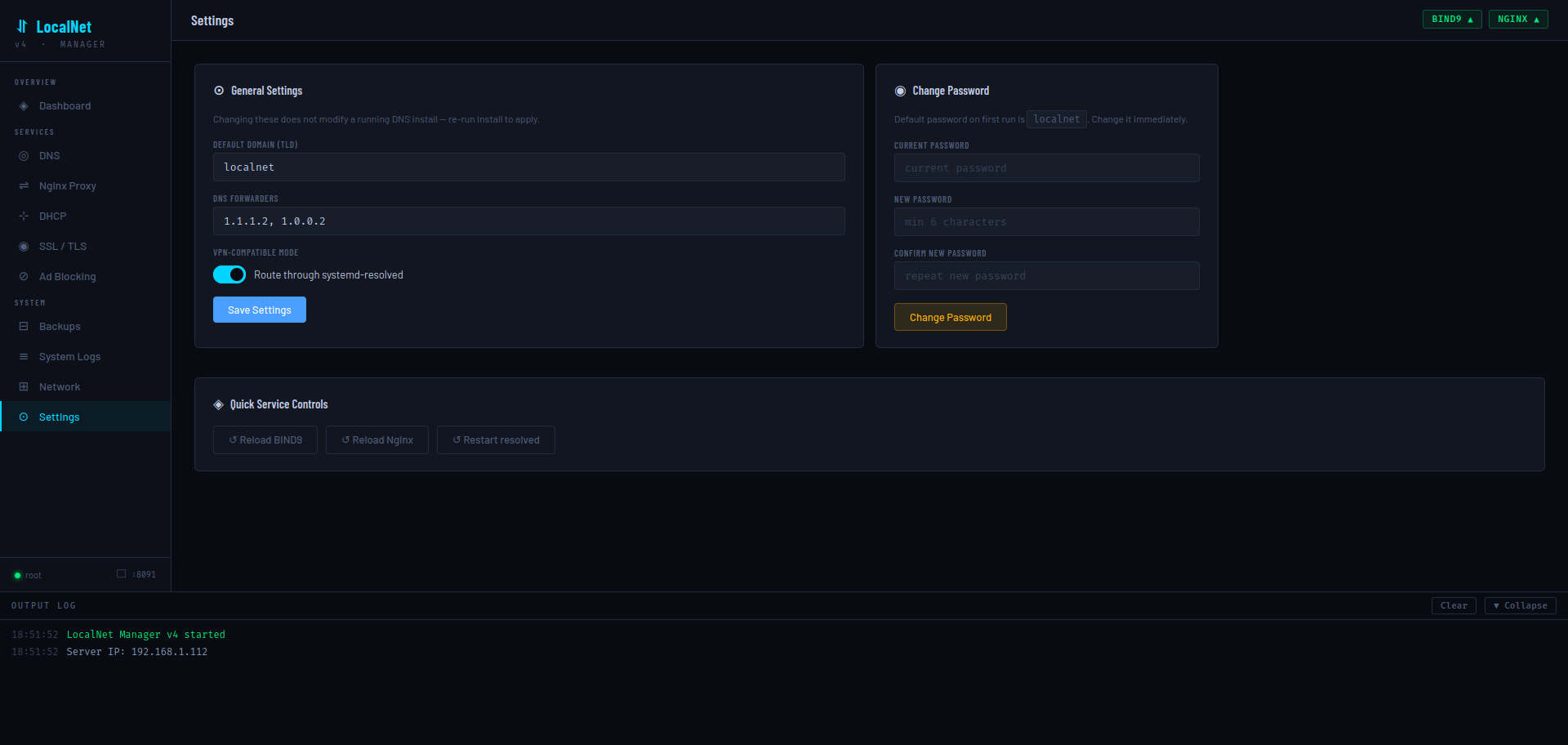 Settings page